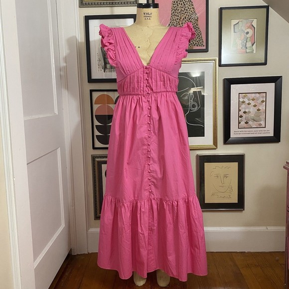 O.P.T one pretty time x revolve women's pink poplin midi ruffle dress NWT sz XS - Picture 2 of 8